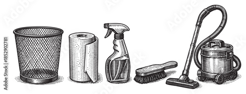 A hand-drawn sketch in black and white depicts a collection of household cleaning supplies including a trash can, paper towels, spray bottle, brush, and vacuum cleaner.