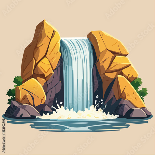 Cartoon illustration of a waterfall cascading between rocky cliffs.