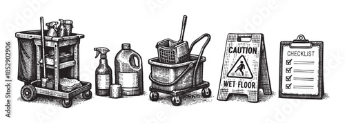 A black and white illustration depicts a cleaning cart, various cleaning bottles, a mop bucket with a mop, a wet floor caution sign, and a checklist on a clipboard.