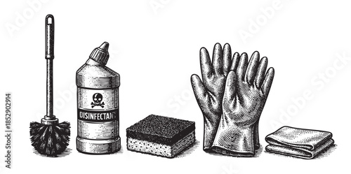 A vintage woodcut style illustration of essential cleaning supplies including a toilet brush, disinfectant bottle, sponge, pair of gloves, and folded cloths.