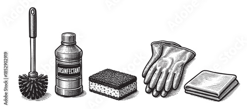 A collection of essential cleaning tools, including a toilet brush, disinfectant bottle, sponge, gloves, and cloth, rendered in a classic black and white engraving style.