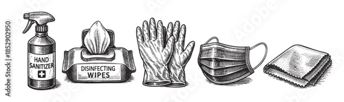 Black and white illustration of hygiene products including hand sanitizer, disinfecting wipes, gloves, mask, and cloth arranged in a row against a white background.
