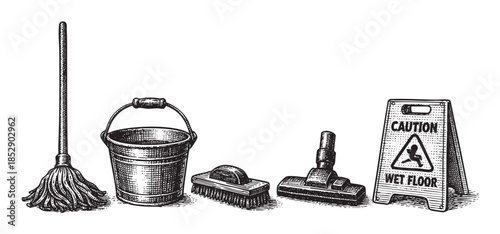 A vintage line art illustration displays a collection of cleaning tools including a mop, bucket, brushes, and a wet floor caution sign against a white background.