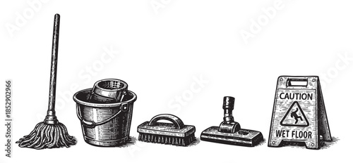 A set of vintage cleaning tools including a mop, bucket, and brushes, along with a caution wet floor sign, depicted in a detailed black and white sketch style.