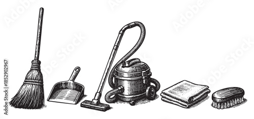 A collection of vintage cleaning tools, including a broom, dustpan, vacuum cleaner, cloth, and brush, is illustrated in a detailed black and white sketch on a white background.