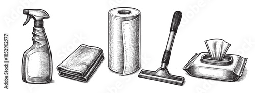 A black and white illustration of various cleaning supplies including a spray bottle, folded cloths, a paper towel roll, a squeegee, and wet wipes, presented in a clean, isolated composition.