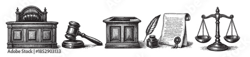 A black and white illustration featuring vintage legal symbols including a judge's bench, gavel, scales of justice, a scroll, inkwell, and quill pen on a white background.