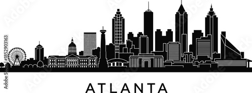 Atlanta Georgia skyline silhouette city cityscape illustration with famous landmarks architectural buildings sky wheels and urban landscape isolated on white background.