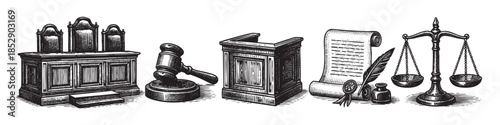A black and white engraving depicts a classic courtroom scene with a judge's bench, gavel, scales of justice, scroll, and inkwell, symbolizing law and order.