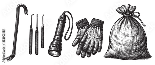 A hand-drawn illustration displays a collection of burglary tools including a crowbar, lock picks, and a flashlight, alongside a pair of gloves and a drawstring sack filled with loot.