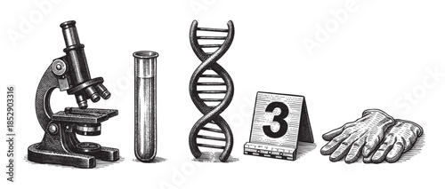 Vintage illustration shows a microscope, test tube, DNA helix, evidence marker with number 3, and gloves on a white background, symbolizing science and forensics.