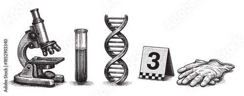 Black and white illustration of forensic science tools, including a microscope, test tube, DNA model, evidence marker, and latex gloves, on a white background.