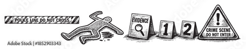 A stark, graphic illustration depicts a crime scene with police tape, a chalk outline, evidence markers, and a warning sign. The sketch-like style evokes a sense of urgency and investigation.