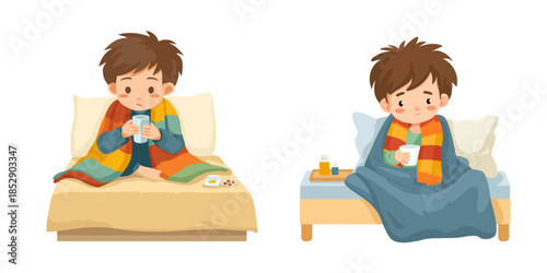 Sick boy in bed. Kid with fever cold symptom lying home bed under blanket, child in scarf seasonal flu infection drink hot tea and medicine influenza treatment vector illustration