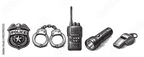 A hand-drawn woodcut style illustration displays a collection of police equipment including a badge, handcuffs, walkie-talkie, flashlight, and whistle on a white background.