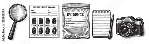 A detailed black and white illustration of crime investigation tools, including a magnifying glass, fingerprint record, evidence bag, notebook, pen, and camera, on a white background.