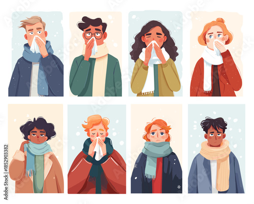 Sick cold people. Man woman blow noses in handkerchief, sneezing cough flu virus disease fever symptoms winter snow weather cartoon characters in warm clothes vector illustration