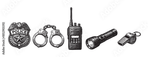 A detailed black and white woodcut style illustration of essential police equipment arranged horizontally against a white background, perfect for design projects.