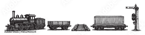 A detailed black and white illustration of a vintage steam train with coal tender, flat car, and boxcar on tracks, alongside a railway signal.