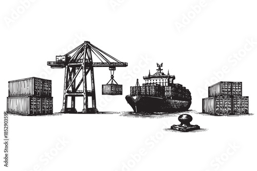 A detailed ink sketch of a port scene featuring a large cargo ship being loaded by a massive crane, with stacks of shipping containers visible.