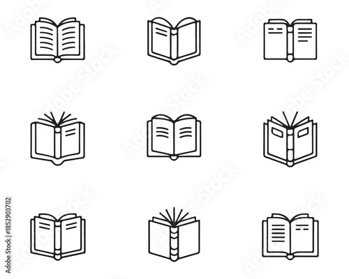 Open books vector icon set isolated on white background, line art style for reading and education symbols