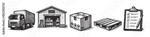 A vintage black and white line art illustration depicts a delivery truck, warehouse, cardboard box, wooden pallet, and clipboard with a checklist and pencil, symbolizing logistics and shipping.
