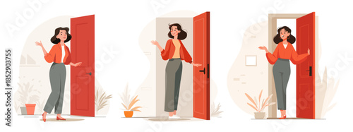Woman greets at door. Wife meets husband or children entrance to apartment, girl open home doors house entrance exit lady enters room interior welcome set vector illustration