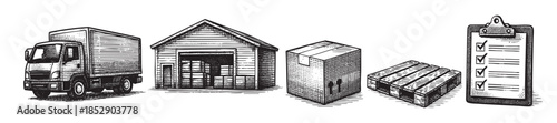 A hand-drawn, vintage style illustration depicts a delivery truck, a warehouse, stacked boxes, a pallet, and a clipboard with a checklist, symbolizing logistics and supply chain.
