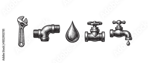Vintage etched illustration of plumbing tools and fixtures, including a wrench, pipe elbow, water drop, and two different faucets, rendered in black and white on a white background.