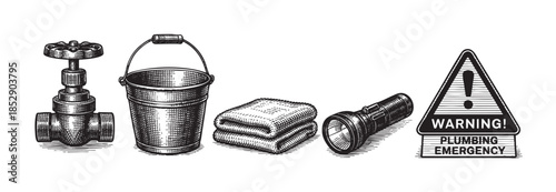 A vintage black and white illustration of plumbing emergency supplies including a valve, bucket, towels, and flashlight next to a warning sign.