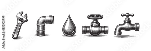 A vintage style illustration features a wrench, pipe fittings, a water drop, a valve, and a faucet set against a white background for a clean, versatile design.