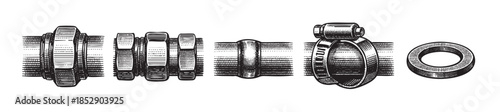 A detailed black and white engraving style illustration showcasing various mechanical components, including gears, pipes, and a clamp, set against a white background.