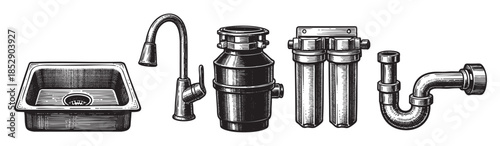 A vintage-style, black and white illustration showcases essential kitchen plumbing components including a sink, faucet, garbage disposal, water filter, and drain pipe trap.