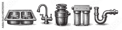 A detailed woodcut-style illustration showcases various plumbing components, including a double sink, faucet, garbage disposal, water filter, and pipe fittings, presented against a white background.