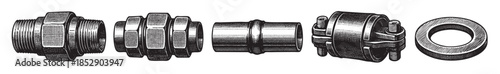 A collection of vintage black and white illustrations of plumbing pipe fittings, including unions, couplings, and flanges, presented in a clean, graphic style.