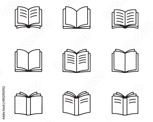 Set of black outline open book icons featuring various styles of open books for educational and literary themes