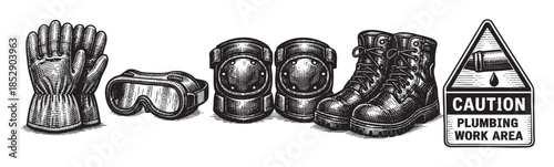 A vintage woodcut style illustration displays essential construction safety equipment including work gloves, safety goggles, knee pads, and boots, alongside a caution plumbing work area sign.