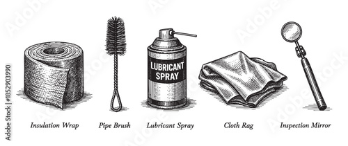 A set of five vintage-style illustration tools including insulation wrap, pipe brush, lubricant spray, cloth rag, and inspection mirror arranged on a white background.