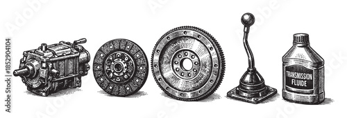 A retro illustration of five essential vintage automotive components including a gearbox, clutch, flywheel, gear stick, and transmission fluid bottle presented on a white background.