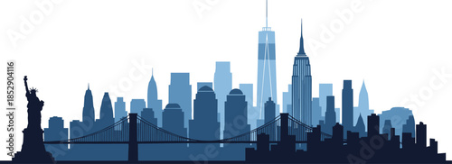 Blue New York City Skyline Silhouette Featuring Statue of Liberty Brooklyn Bridge One World Trade Center and Empire State Building Illustration,