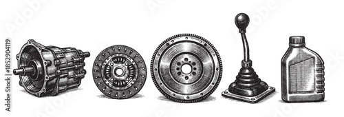 A vintage black and white illustration of car parts including a transmission, clutch, flywheel, gear shifter, and oil bottle, presented on a white background.