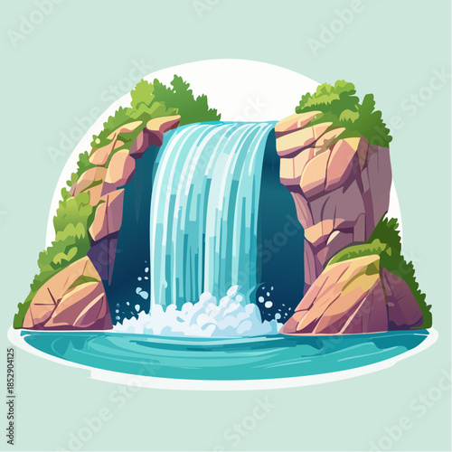 Cartoon illustration of a waterfall cascading between rocky cliffs with lush green vegetation.