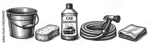Engraved illustration of car washing supplies including a bucket, sponge, car shampoo bottle, coiled hose, and cloth, set against a clean white background for a vintage feel.