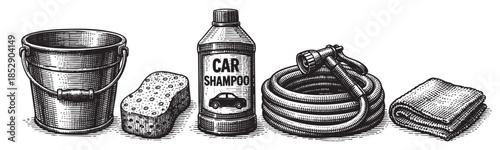 A vintage-style line drawing features essential car washing tools arranged in a row against a white background.