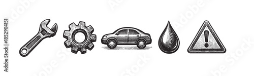 A collection of hand-drawn sketch icons representing car maintenance, including a wrench, gear, car, oil drop, and warning sign, perfect for automotive service industry use.