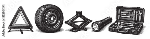 A detailed black and white illustration of essential car emergency items including a spare tire, warning triangle, jack, flashlight, and tool kit, ideal for safety and automotive themes.
