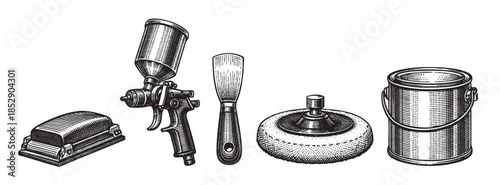 A collection of vintage-style black and white illustrations of various painting and sanding tools, including a paint sprayer, putty knife, sanding block, polishing pad, and paint can.