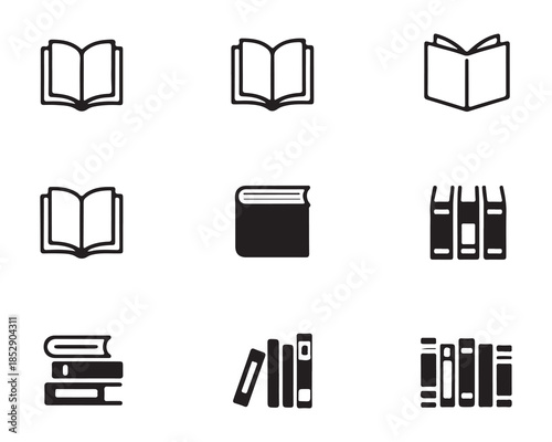 Set of simple book icons featuring open books closed books and stacked books in black and white