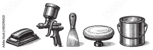 A detailed woodcut style illustration showcasing essential painting tools including a sander, spray gun, putty knife, sanding pad, and paint can against a white background.