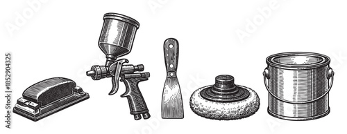 A vintage black and white illustration features a set of five painting and repair tools, including a sander, spray gun, putty knife, roller, and paint can, arranged on a white background.